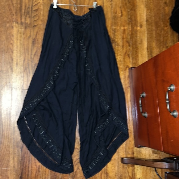 Matching Set Black bohemian beaded Split wide leg Palazzo pants Size L - Picture 5 of 7